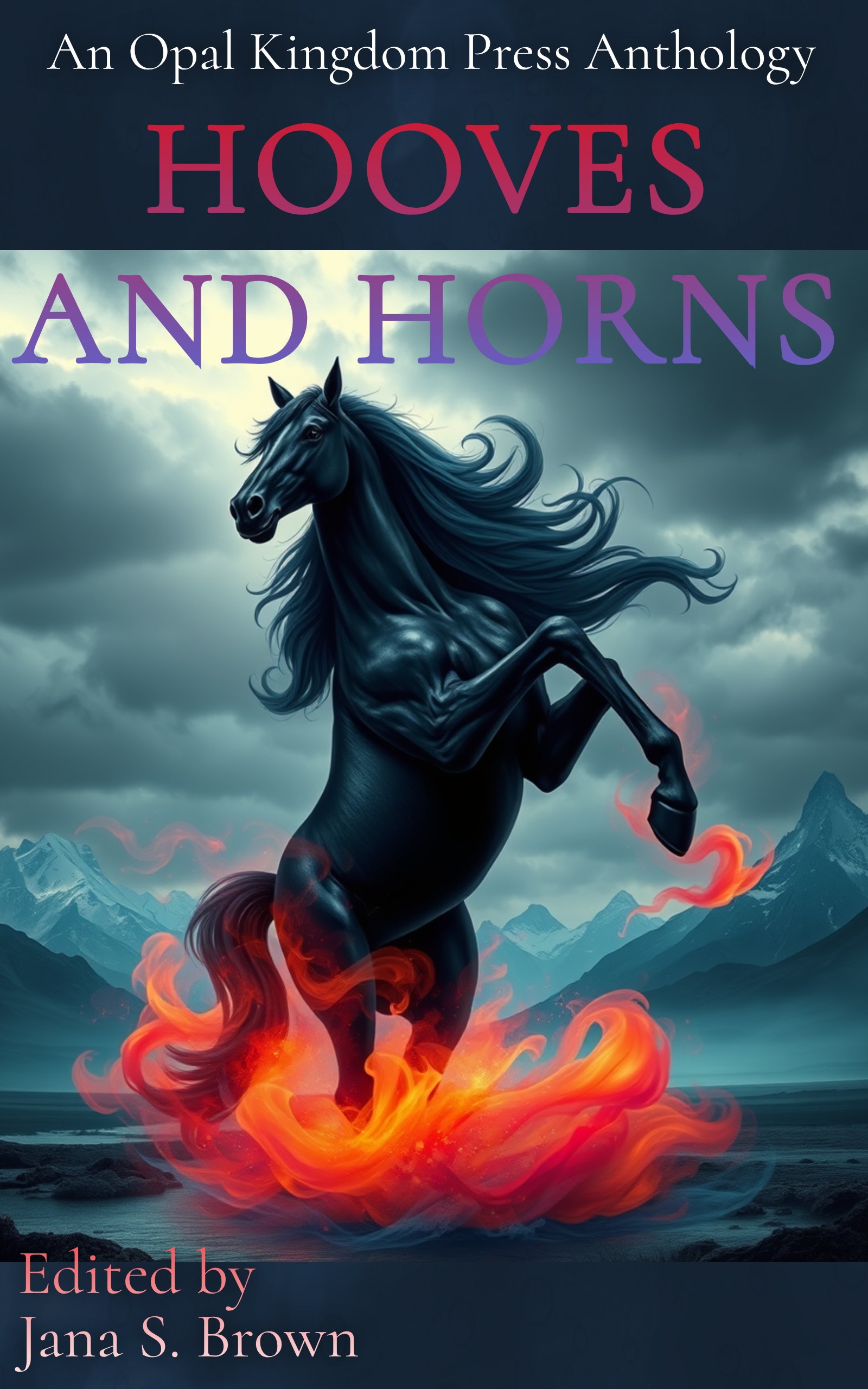 A picture of a cover for Hooves and Horns with a horse with firey hooves